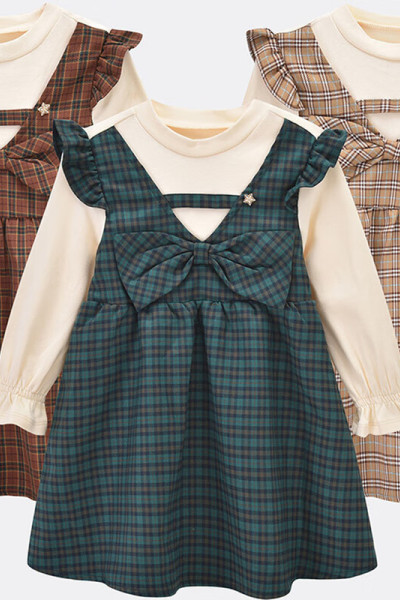 [福利]铅笔俱乐部童装2025秋装新款女小童连衣裙儿童假两件格子裙宝宝连身裙