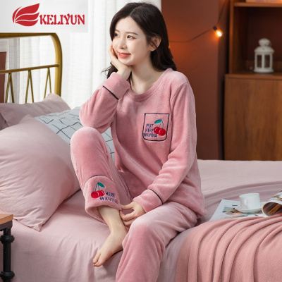可莉允2020年新款秋冬加厚珊瑚绒睡衣女中老年妈妈保暖法兰绒家居服套装睡衣