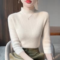 早春新款半高领针织衫短袖女宽松套头内搭毛衣抽条显瘦打底衫