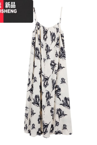 YIBUSHENG水墨印花小吊带连衣裙女2023季海边度假风长裙性感露背气质裙子