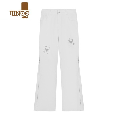 YANXUF383 2023AW国潮美式街头直筒修身蜘蛛字母刺绣拉链长裤男女