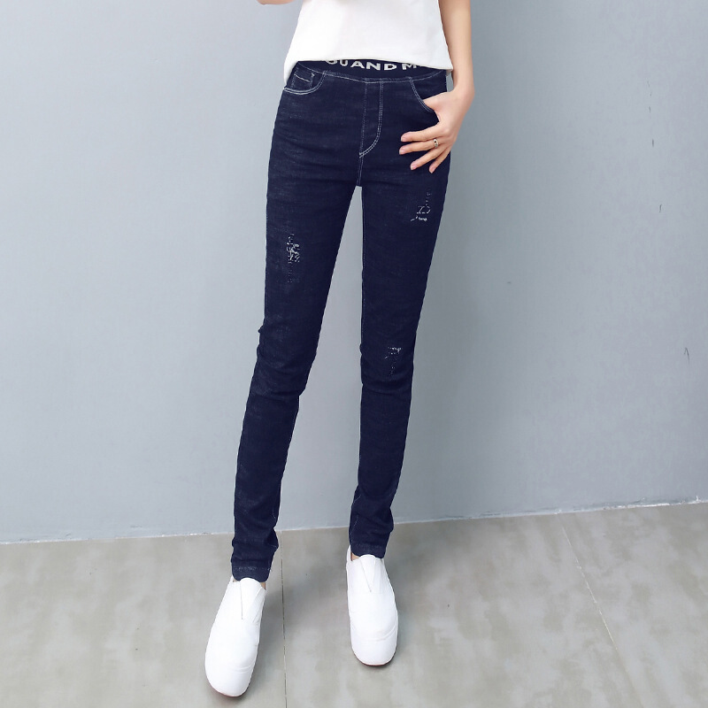 迪鲁奥(DILUAO)新款女装松紧腰涂层牛仔布裤女2021新款春秋常规裤长裤高腰显瘦修身韩版涂层牛仔布女裤子