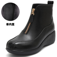 前拉链时尚25秋冬新款真皮方头坡跟中跟短筒短靴舒适软底复古棉靴