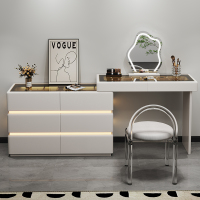 欧梵森奶油风梳妆台斗柜一体可伸缩转角带感应灯化妆桌现代简约卧室收纳柜