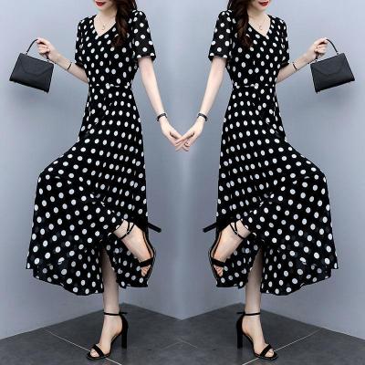 情娇婷(QINGJIAOTING)波点雪纺连衣裙女夏长款2021夏装新款大码收腰显瘦遮肚子长裙