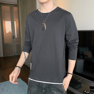 男装长袖T恤秋季新款日系潮牌刺绣百搭圆领打底衫青少年纯棉衣服