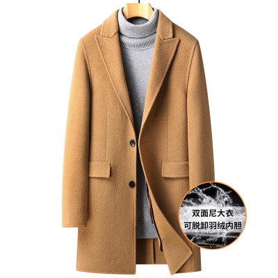 秋冬新款 100羊毛戗驳领双面呢大衣男中长款羽绒脱卸内胆羊毛外套