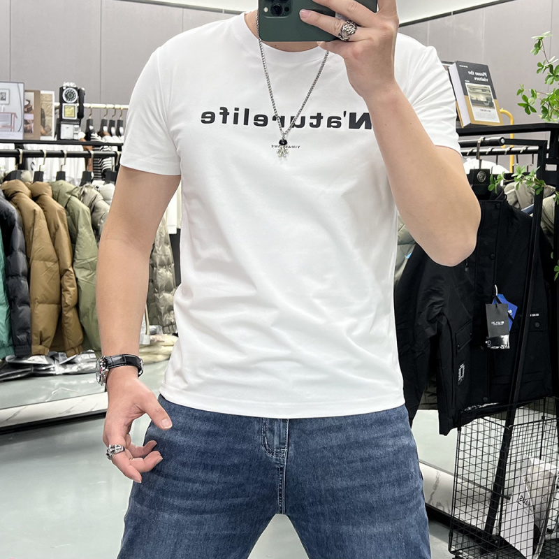 夏季短袖简约字母丝光棉T恤男士圆领打底衫高级感上衣半袖潮i