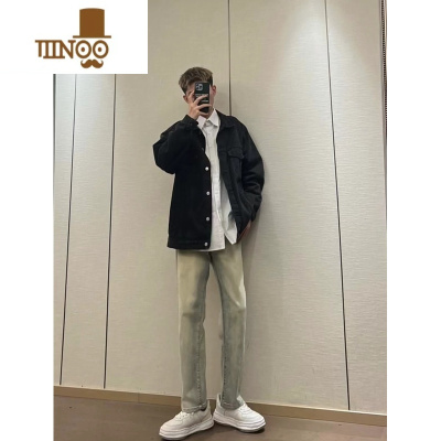 YANXU网红同款黄泥染做旧牛仔裤男百搭宽松修身阔腿美式高街vibe裤子