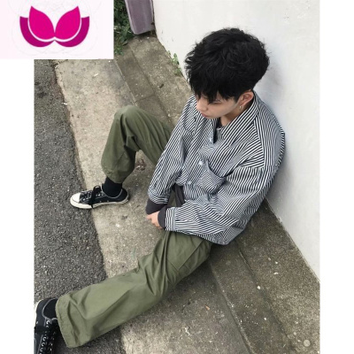 七斓CityBoy日系设计感条纹长袖衬衫男春季蓝色宽松薄款叠穿衬衣外套