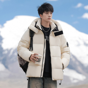 男装冬季90绒子羽绒服青少年纯色休闲时尚连帽保暖男士加厚面包服
