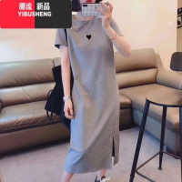 YIBUSHENG季女士气质黑色短袖t恤连衣裙宽松过膝休闲裙子韩版t恤裙子