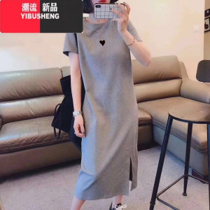 YIBUSHENG季女士气质黑色短袖t恤连衣裙宽松过膝休闲裙子韩版t恤裙子