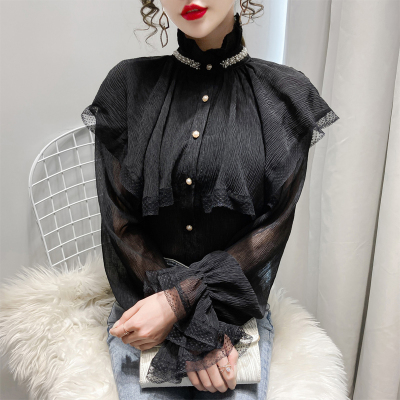 广赫法式拼接蕾丝衬衫女秋冬荷叶边长袖百搭立领设计感小众喇叭袖上衣衬衫