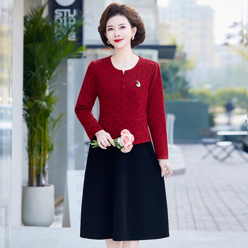 205年妈妈装春装连衣裙时尚洋气中老年矮个子婆婆装假两件裙子女