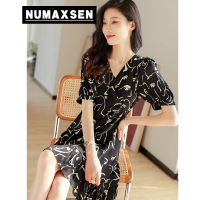 纽曼森（Numaxsen）连衣裙莱赛尔天丝法式茶歇裙褶皱收腰显瘦V领夏