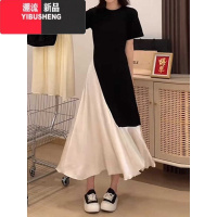 YIBUSHENG大码小众设计感假两件拼色简约气质连衣裙季黑色胖mm显瘦长裙