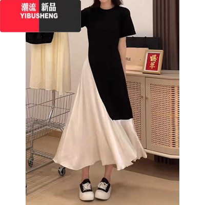 YIBUSHENG大码小众设计感假两件拼色简约气质连衣裙季黑色胖mm显瘦长裙