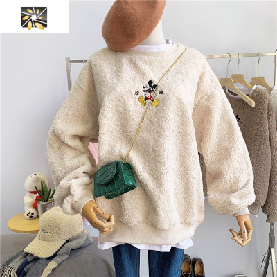 暖青汇羔绒假两件卫衣女中长款大码宽松可爱刺绣卡通米奇加绒加厚圆领卫衣