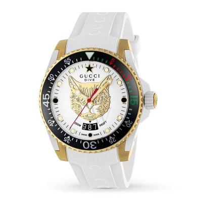 古驰gucci女士手表dive系列橡胶白色猫头表盘女士石英表ya136322