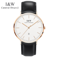 嘉年华CARNIVAL薄石英表 男表情侣表休闲时尚简约真皮女表防水男士腕表英伦风带日历专柜正品I&W 8757G-5PD