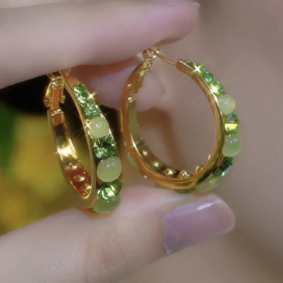 奢华气质绿色镶钻猫眼石圈圈耳环时尚高级感银针耳钉洋气百搭耳饰送女朋友老婆情人节七夕生日礼物