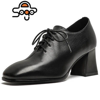 七色王国女鞋2021新款英伦风小皮鞋女皮复古方头高跟鞋深口系带粗跟单鞋休闲鞋