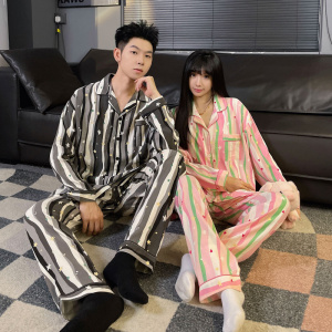 情侣睡衣女春秋冬季棉质长袖长裤带胸垫一男一女男士家居服套装