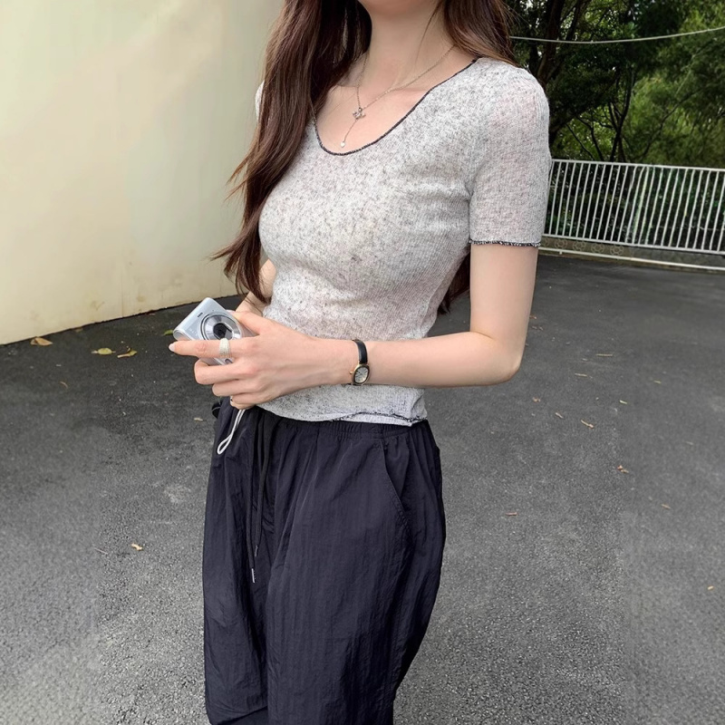 撞色锁边薄款正肩修身短袖T恤女2025夏季韩系新款针织衫学生上衣
