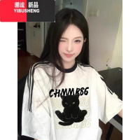 YIBUSHENG潮牌短袖t恤女2024季宽松复古美式半袖上衣设计感体恤