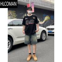HLCOMANDAL 美式复古蓝宽松牛仔短裤男夏季新款阔腿直筒街头五分裤休闲裤