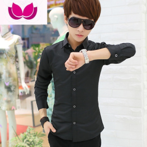 七斓春季黑色长袖衬衫男士韩版修身青少年休闲款衬衣寸衫潮流男装