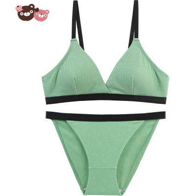 绿彩虹光文胸套装无钢圈超薄款小胸黑色胸罩夏季法式三角杯聚拢内衣内裤女