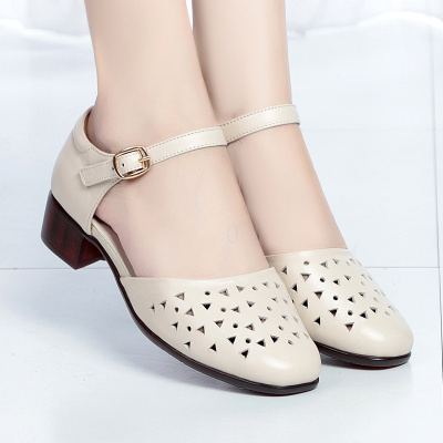 ideamini皮凉鞋女新款夏季软底粗跟低跟中空镂空皮鞋包头中老年妈妈
