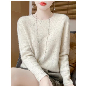 无缝一线羊毛针织女秋冬厚款圆领套头宽松外穿长袖打底点子纱毛衣