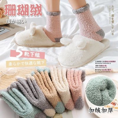 3-5双-俏果儿(Qiaoguoer)珊瑚绒袜子女毛冬季加厚加绒保暖睡眠月子棉袜产后秋冬新款睡觉袜男女短袜