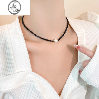 JiMi黑色水晶淡水珍珠项链女高级设计感小众锁骨链2023年新款颈链