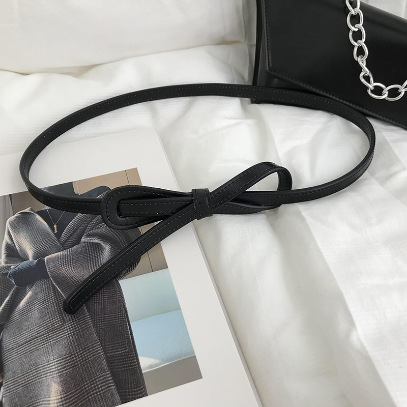 盛世尼曼蝴蝶结细腰带女皮百搭打结装饰皮带时尚黑色配大衣毛衣裙子