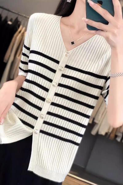 新法式V领条纹短袖针织开衫女夏季新款气质减龄遮肉显瘦百搭上衣