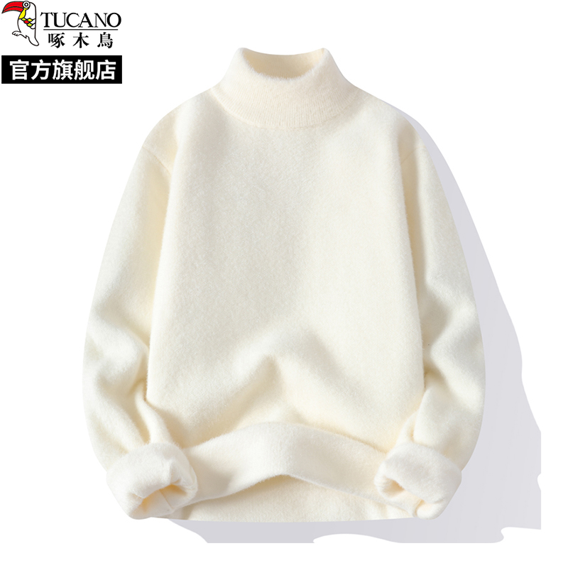 啄木鸟2024秋冬季新款半高领毛衣男士保暖一体绒水貂绒针织打底衫