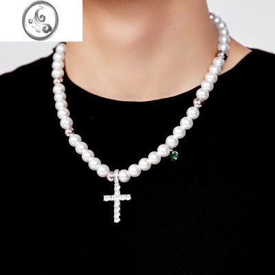 JiMiSICKBLUE珍珠拼接项链锆石锁骨链嘻哈钛钢小众欧美镶嵌男女