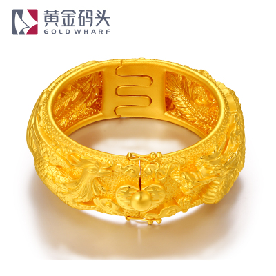 黄金码头3D硬金足金999龙凤双喜手镯结婚婚庆新娘开口镯子约36.9克