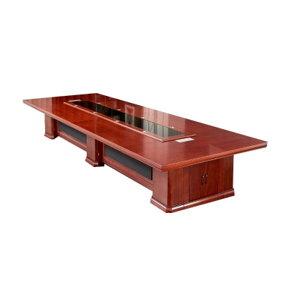 铭威盾大型油漆会议桌实木黑玻璃长桌开会办公室桌椅组合工作台4*1.8米(红胡桃色)