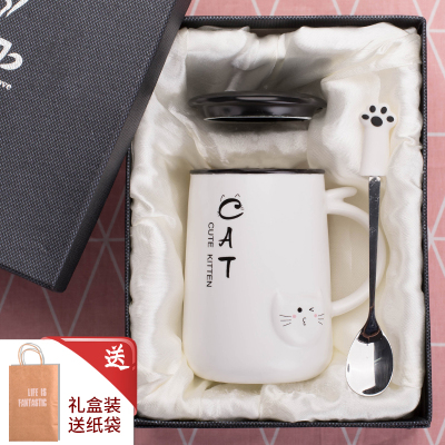 少女可爱马克杯带盖勺生日烘焙精灵送男女生朋友闺蜜陶瓷家用喝水杯子约400ml（礼盒装）白色-可爱猫（带盖勺）