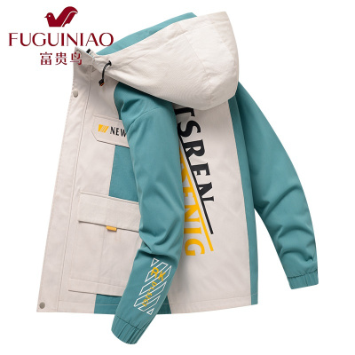 富贵鸟（FUGUINIAO）春秋季男士连帽夹克潮牌个性拼接外套2021新款百搭休闲工装上衣服