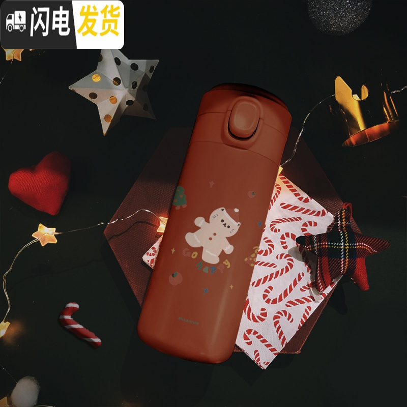 三维工匠原创保温杯316不锈钢女弹跳水轻杯便携学生圣诞新年红 纯红—姜饼猫350316不锈钢—