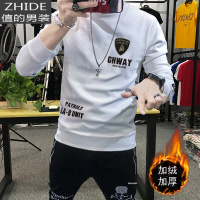SUNTEK欧洲站潮牌印花卫衣男网红潮流圆领修身秋冬白色加绒加厚内搭上衣卫衣