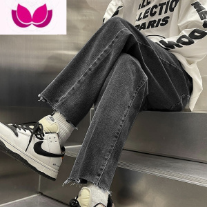 七斓黑灰色毛边牛仔裤男潮牌vibe美式修身直筒裤春季2023年新款九分裤