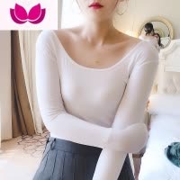 七斓长袖t恤女薄款黑莫代尔打底衫大码显瘦秋衣百搭纯色圆领上衣