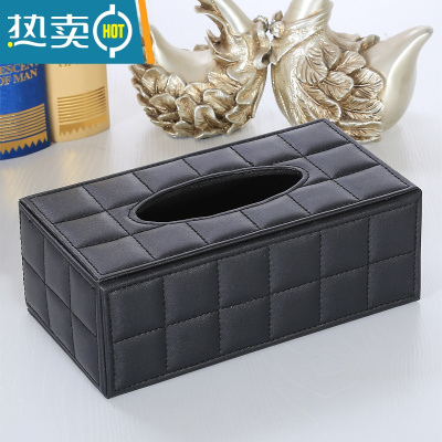 敬平酒店皮质纸巾盒欧式创意餐厅纸抽盒 办公室简约餐巾纸盒定制logo 黑色方格大盒